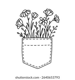 Flowers in pocket, floral pattern with flowers, daisy, wildflowers, wild herbs, branches, twigs with leaves silhouettes