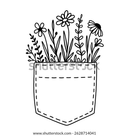 Flowers in pocket, floral pattern with flowers, daisy, wildflowers, wild herbs, branches with leaves silhouettes