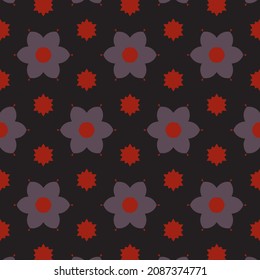 Flowers and polka dot dark floral seamless pattern. Red, black, grey color.