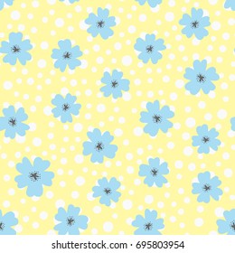 Flowers and polka dot. Drawn by hand. Cute seamless pattern. Vector illustration. Yellow, white, blue, dark gray color.