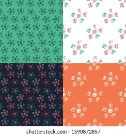 Flowers and polka dot. Hand drawing. Vector illustration. Different color combinations of patterns.