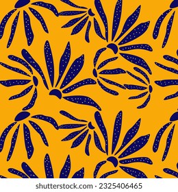 Flowers and polka dots on the orange background seamless pattern