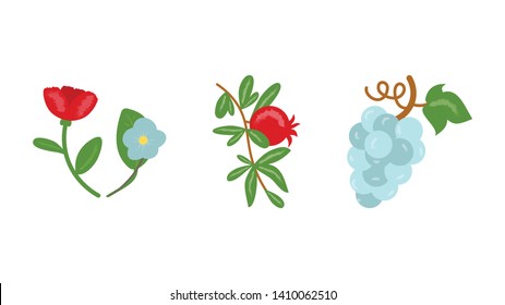 Flowers, pomegranate branch, bunch of grapes with stem, leaf vector illustration in flat, cartoon style. Vector illustration is isolated on white background. EPS10