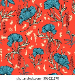 Flowers poppy with leaves pattern on a red background. Vector - 4 colors.