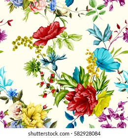 Flowers. Poppy, wild roses, cornflower with peony and leaves on white. Seamless background pattern. Hand drawn. Watercolor. Vector - stock.