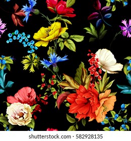 Flowers. Poppy, wild roses, cornflower with leaves on black. Seamless background pattern. Hand drawn. Watercolor. Vector - stock.