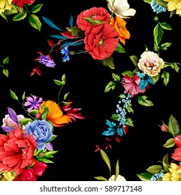 Flowers. Poppy, wild roses, cornflower with peony and leaves on black. Seamless background pattern. Hand drawn. Vector - stock.