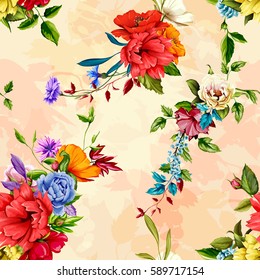 Flowers. Poppy, wild roses, cornflower with peony and leaves on pastel watercolor. Seamless background pattern. Hand drawn. Vector - stock.