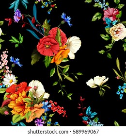 Flowers. Poppy, wild roses, rose, chamomile(camomile), cornflower with lily of the valley and leaves on black. Seamless background pattern. Hand drawn. Vector - stock.