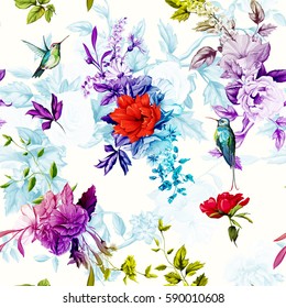 Flowers. Poppy, wild roses, rose, chamomile(camomile), cornflower with lily of the valley and two hummingbird on calm background. Seamless background pattern. Hand drawn. Vector - stock.