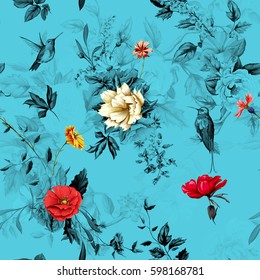 Flowers. Poppy, wild roses, rose, chamomile(camomile), cornflower with lily of the valley and two hummingbird on blue background. Seamless pattern. Hand drawn. Vector - stock