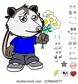 flowers possum character cartoon kawaii expressions set pack in vector format