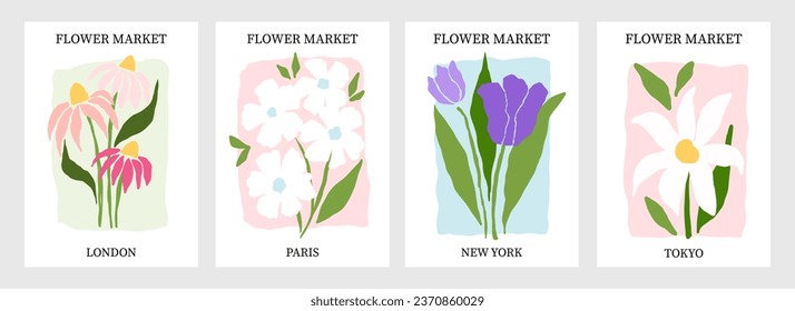Flowers poster. Flower market banner. Groovy spring trippy plant painting. Contemporary wall art. Botanical minimal fashion pattern, modern invitation. Vector cartoon flat style isolated illustration