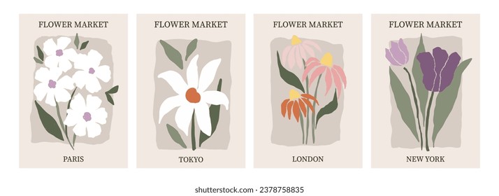 Flowers poster. Flower market banner. Groovy spring trippy plant painting. Contemporary wall art. Botanical minimal fashion pattern, modern invitation. Vector cartoon flat style isolated illustration