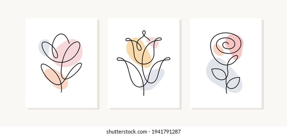 Flowers posters. One line vector illustration. Elegant floral design for invitation, greeting card, emblem, business card, packaging.