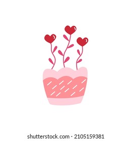 Flowers in a pot. Blooming in the shape of heart. Valentines Day. February 14th. Red and pink color. Vector isolated illustration hand drawn icon or card. Single clip art