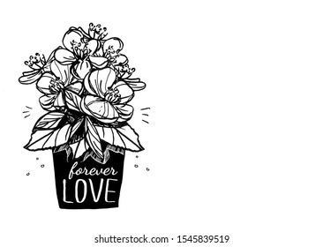 flowers pot bouquet with leaves t shirt print style , vector illustration black lines contour isolated on white