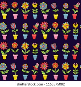Flowers in pot colorful cute cartoon doodle seamless vector pattern