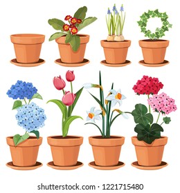 Flowers pot. Decorative colored plants grow at home in funny pots vector cartoon illustrations set isolated. Flowerpot and houseplant, tulip and geranium flower