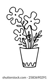 Flowers in a pot in doodle style isolated on a white background. Doodle. Vector illustration. Perfect for coloring book, greeting card, print, invitation.