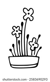 Flowers in a pot in doodle style isolated on a white background. Doodle. Vector illustration. Perfect for coloring book, greeting card, print, invitation.