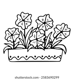 Flowers in a pot in doodle style isolated on a white background. Doodle. Vector illustration. Perfect for coloring book, greeting card, print, invitation.