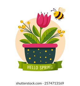 Flowers in a pot. Hello spring. Bouquet of spring flowers in a pot on white background. Greeting card. Vector illustration.