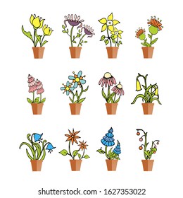  Flowers in pot icon set. Stylised colorful object isolated flat design stock vector illustration for web, for print, packing design