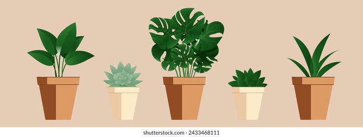 Flowers In Pot Isolated Pastel Background , Vector Illustration