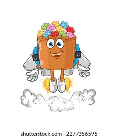 the flowers in pot with jetpack mascot. cartoon vector