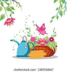 flowers in pot plant with butterfly and sprinkler pot