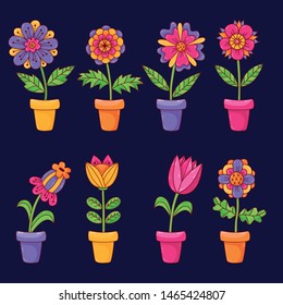 Flowers in pot plants cute floral drawings vector icons set