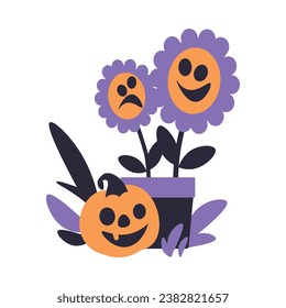 Flowers in Pot and Pumpkin as Halloween Trick or Treat Night Party Element Vector Illustration