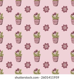 Flowers pot. Seamless vector pattern for fabric design, wrapping paper, wallpaper.