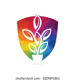Flowers Pot Shield and Plant Pot Vector Illustration Design. Shield Green Tree on Pot Logo Design.