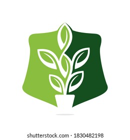 Flowers Pot Shield and Plant Pot Vector Illustration Design. Shield Green Tree on Pot Logo Design.