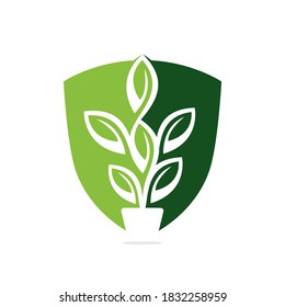 Flowers Pot Shield and Plant Pot Vector Illustration Design. Shield Green Tree on Pot Logo Design.