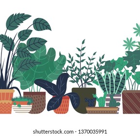 Flowers pot standing on shelf of orangery vector, flat style closeup of plants houseplants in pots. Flat style flora with foliage leaves greenery hothouse