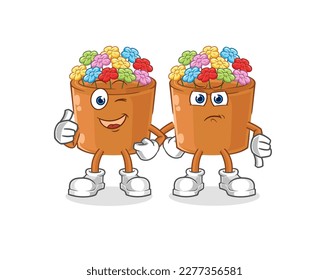 las flores en los pulgares arriba y abajo. vector de mascota de dibujos animados