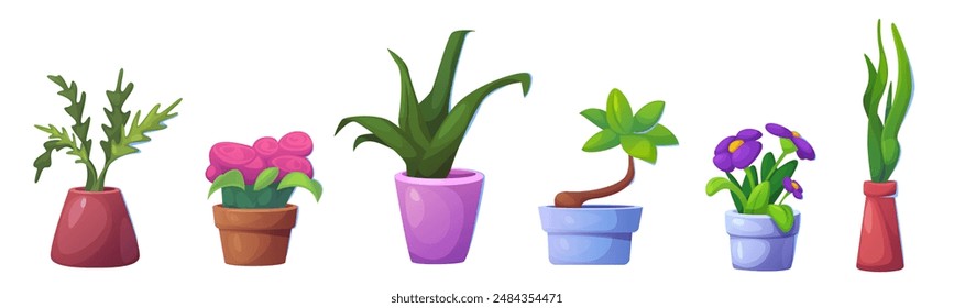 Flowers in pot and vase. Cartoon vector illustration set of green bush and tree with leaves and blossom. House interior decorative plants. Cute home or office floral botanical decor elements.