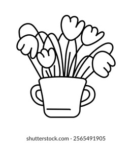 Flowers in a pot, vase, tulips. Black and white illustration, hand drawn coloring.