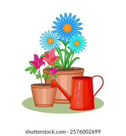 Flowers in pot and watering can on white background. Terracotta flowerpot with flower. Houseplant, Flower shop, potted plant, home garden concept.Potted plant spring seasonal.Stock vector illustration