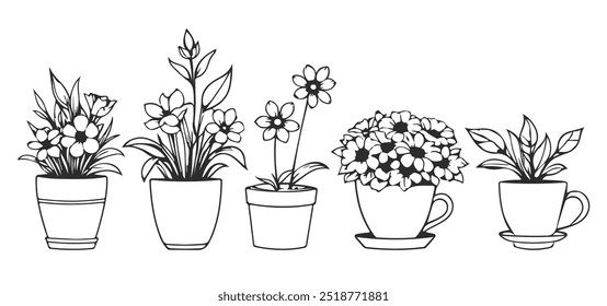 Flores em Pots Black Sketch Collection. Desenho De Flores De Arte Em Linha. Silhuetas Florais De Vetor Preto Sobre Fundo Branco. Botany Houseplant Mão Desenhado Contorno Ilustrações Coleção.