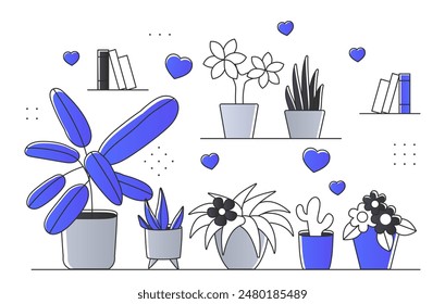 Flowers in pots concept. Botany and gardening, horticulture. Love for plants, care about stems. Comfort and coziness indoors. Linear flat vector illustration isolated on white background