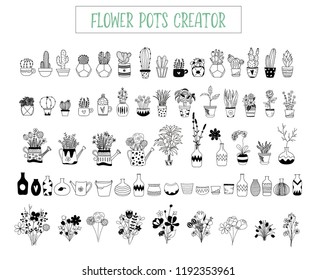 Flowers and pots creator. Plants sketch collection. Vector home plants, pots and vases. Bouquets icons