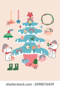 flowers in pots, dog and cat with gift, dog and Santa, Christmas and cute cat, element Christmas animal, card Christmas, set cute Christmas, draw vector cute dog in garden for summer, so sweet