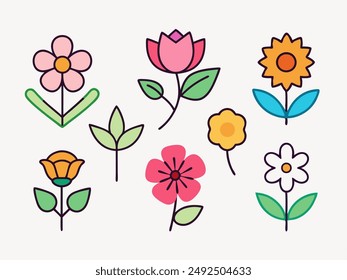 Flowers in pots flat icons. Color vector illustration. Different flowers in pots with green leaves vector illustration. Logo design, business and promotion concept