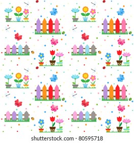 Flowers in pots in the garden - seamless background