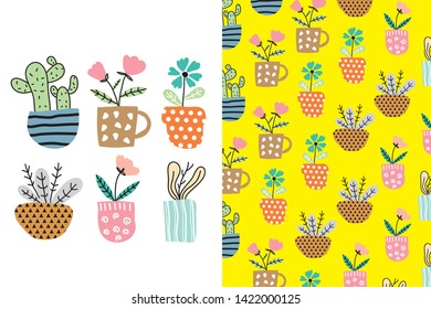 flowers and pots are hand drawn with an editable pattern. illustrations can be used for cards, baby invitations, bags, backgrounds, wallpapers, shirts, fabrics and for digital and print media