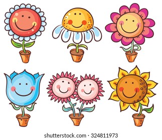 Flowers in pots as happy cartoon characters with faces